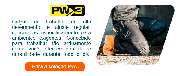 Breve introdução à coleção PW3 com um grande plano de um trabalhador com roupa de trabalho preta e botas bege ajoelhado no chão de gravilha. É fornecido um link para a coleção PW3.