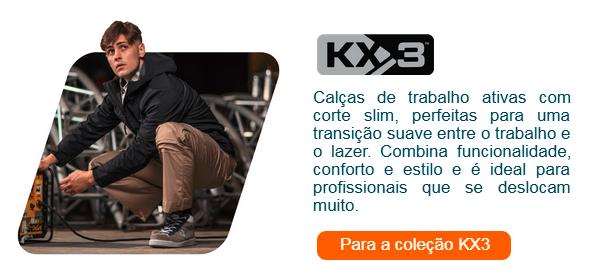 Breve introdução da coleção KX3 com uma imagem que mostra um trabalhador com um traje de trabalho casual com calças bege, ténis e um casaco softshell preto. Está a trabalhar num palco e a sua mão está num tambor de cabo. É fornecido um link para a coleção KX3.