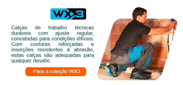 Breve introdução à coleção WX3 com uma imagem que mostra um pedreiro com roupa de trabalho preta e azul-acinzentada a tirar medidas numa parede de tijolos sem reboco. É fornecido um link para a coleção WX3.