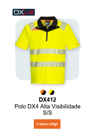 Imagem da Camisola Polo DX4 Hi-Vis de Manga Curta com Fecho Frontal DX412 em amarelo com listas refletoras e detalhes em preto e amarelo. Um link para o artigo está disponível.