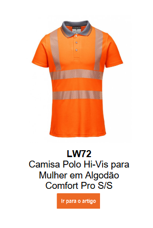 Imagem da Camisola Polo Pro Hi-Vis Mulher LW72 em cor de laranja com riscas refletoras e gola cinzenta. Um link para o artigo está disponível.