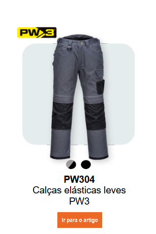 Imagem da Calça Stretch PW3 PW304 em cinzento com detalhes em preto. Link para o artigo.