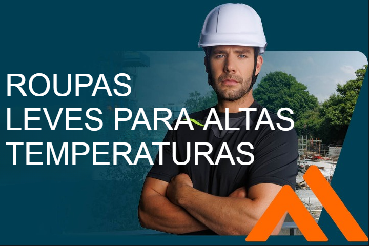 Um trabalhador da construção civil que usa um capacete branco e uma camisa preta leve e funcional está de braços cruzados em frente a um estaleiro de construção no verão. À esquerda da imagem, a legenda "Soluções ligeiras contra o calor" está escrita em letras negrito e brancas. No canto inferior direito, encontra-se um logótipo laranja com dois "A" estilizados.