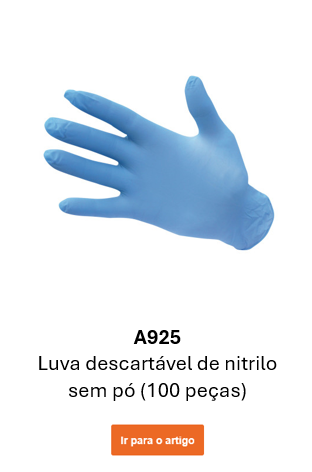 Imagem da luva descartável de nitrilo A925 em azul. Um link para a página do produto está incluído.