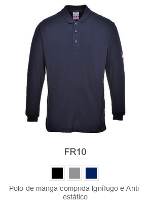 Exemplo de imagem da camisa polo de manga longa antiestática e retardante de chama FR10 na cor cinza com um link para o item.
