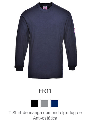 Exemplo de imagem da camiseta de manga longa antiestática e retardante de chamas FR11 em cinza com um link para o item.