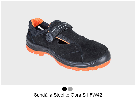 Imagem da sandália FW42 Steelite Obra S1 na cor preta com detalhes e solado laranja. Fornecido link para o artigo.