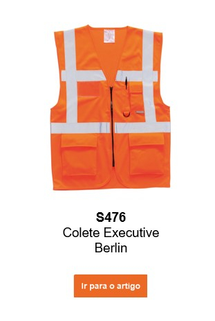 Imagem do colete executivo Berlin S476 em cor de laranja com um link que leva à página do artigo.