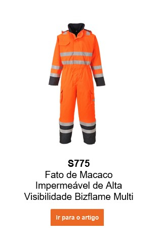 Imagem do Macacão Bizflame Multinorm Rain High Visibility S775 em laranja com um link que leva à página do produto.