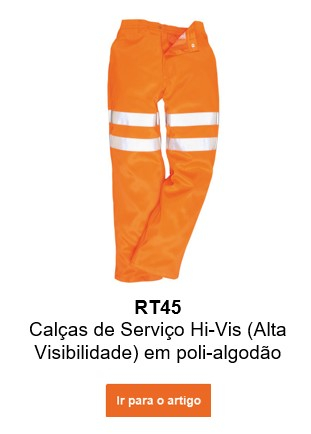 Imagem das calças de alta visibilidade GO/RT RT45 em cor de laranja com um link que leva à página do artigo.