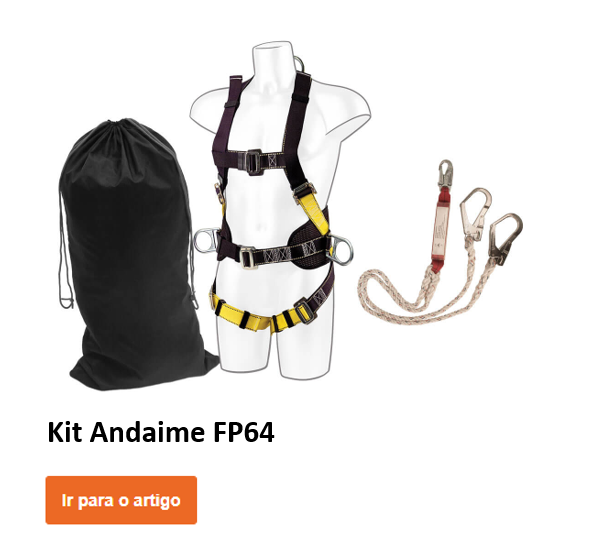 Conjunto de andaimes FP64 em manequim junto com o absorvedor de energia associado e uma bolsa de náilon preta para armazenamento. É fornecido um botão laranja com um link para o artigo.