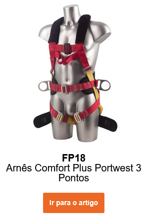Imagem do arnês Portwest 3-Ponto Plus FP18 em preto, vermelho e amarelo num manequim. O link leva à página do artigo.