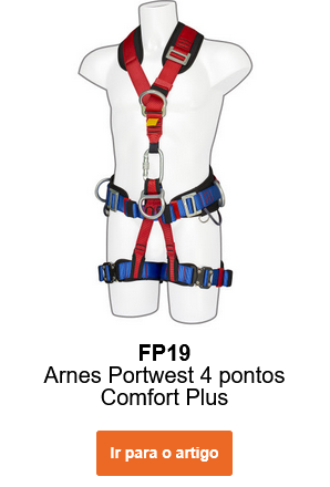 Imagem do Arnês Portwest 4-Ponto Conforto Plus FP19 em azul, vermelho e preto num manequim. O link leva à página do artigo.