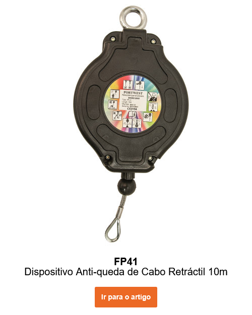 Imagem do dispositivo retrátil com cabo de aço 10m FP41 em preto com argolas prateadas e cabo de aço. O link leva à página do artigo.