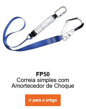Imagem da corda de posicionamento com absorvedor de energia FP50 em azul com mosquetões prateados. O link leva à página do artigo.