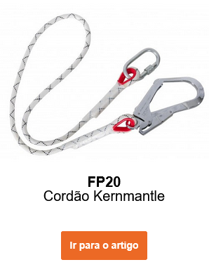 Imagem da corda de ligação com núcleo FP20 em branco com detalhes cinzentos e vermelhos e mosquetões prateados. O link leva à página do artigo.