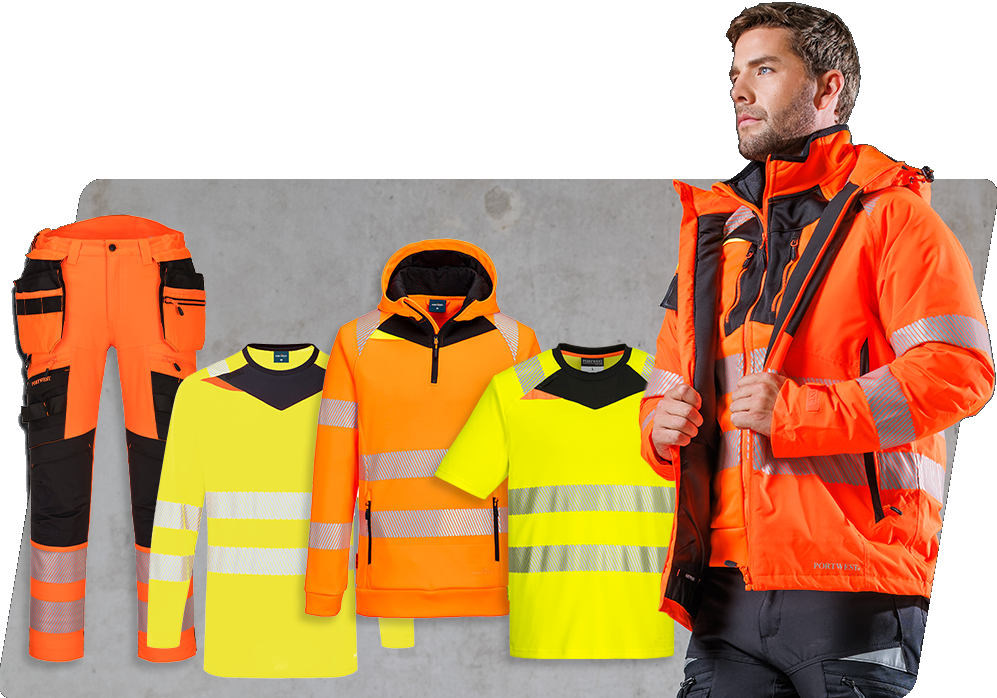 Vários modelos da coleção DX4 em amarelo de alta visibilidade e laranja de alta visibilidade, juntamente com um modelo masculino vestindo jaqueta laranja de alta visibilidade e calças de trabalho pretas. Há um link para nossa coleção DX4.