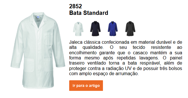Imagem do Jaleco padrão 2852 em branco, juntamente com uma breve descrição do artigo, que pode ser visualizada na página do produto. É fornecido um link para o produto.