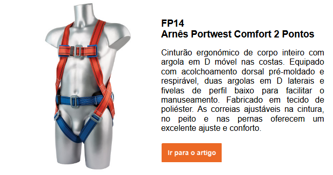 Imagem do cinto de segurança antiqueda Portwest Comfort FP14 de 2 pontos em vermelho e azul, juntamente com uma breve descrição do produto, que pode ser visualizada na página do produto. É fornecido um link para o produto.