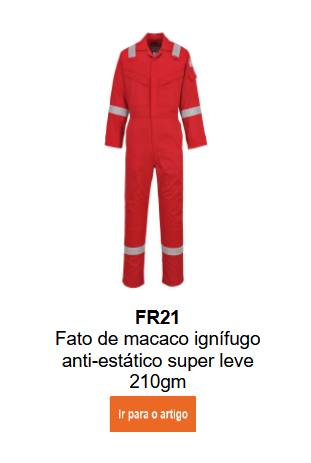 Imagem do fato anti-chamas Bizflame 210g FR21, antiestático e retardador de chamas, em vermelho. Link para o artigo.