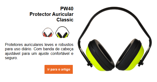 Imagem do protetor auricular clássico PW40 nas cores preto e amarelo, juntamente com uma breve descrição do artigo, que pode ser visualizada na página do produto. É fornecido um link para o produto.