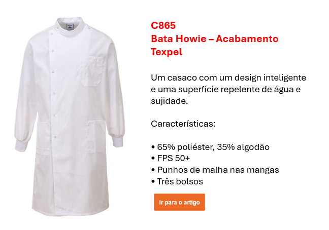 Imagem do casaco Howie com acabamento Texpel C865 em branco com um pequeno texto informativo e um link que leva à página do artigo.