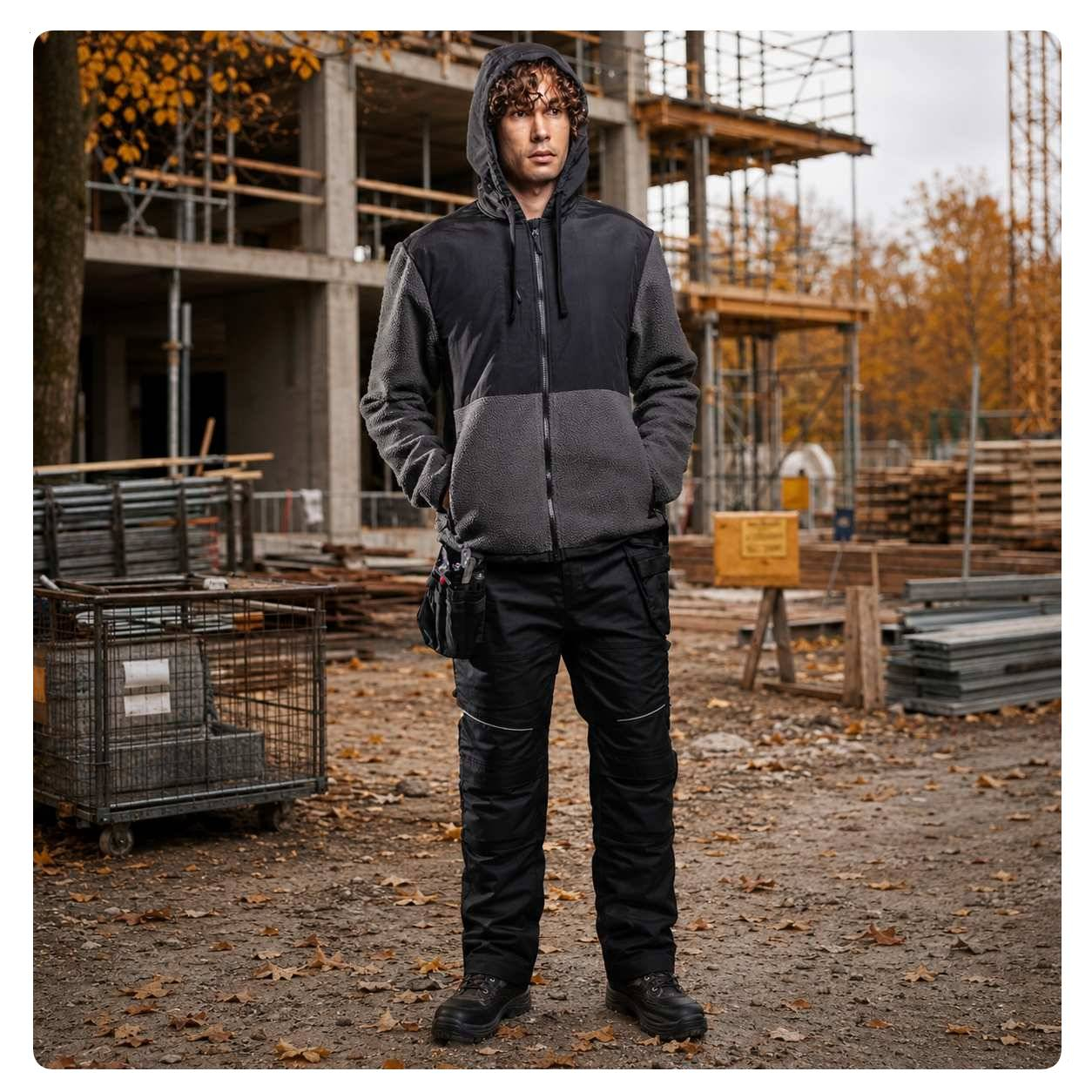 Um trabalhador usa um casaco polar KX3 KX371 preto e cinzento. Está em frente a uma casa em construção. Ao fundo veem-se árvores de outono e um céu cinzento. Está incluído um link para o casaco polar.