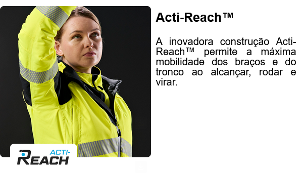 Trabalhadora com colete PW3 de alta visibilidade levantando o bra&ccedil;o acima da cabe&ccedil;a.