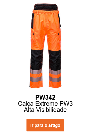 Imagem das cal&ccedil;as imperme&aacute;veis PW3 Extreme PW342 em laranja com faixas refletoras e detalhes pretos. Um link para o artigo est&aacute; inclu&iacute;do.