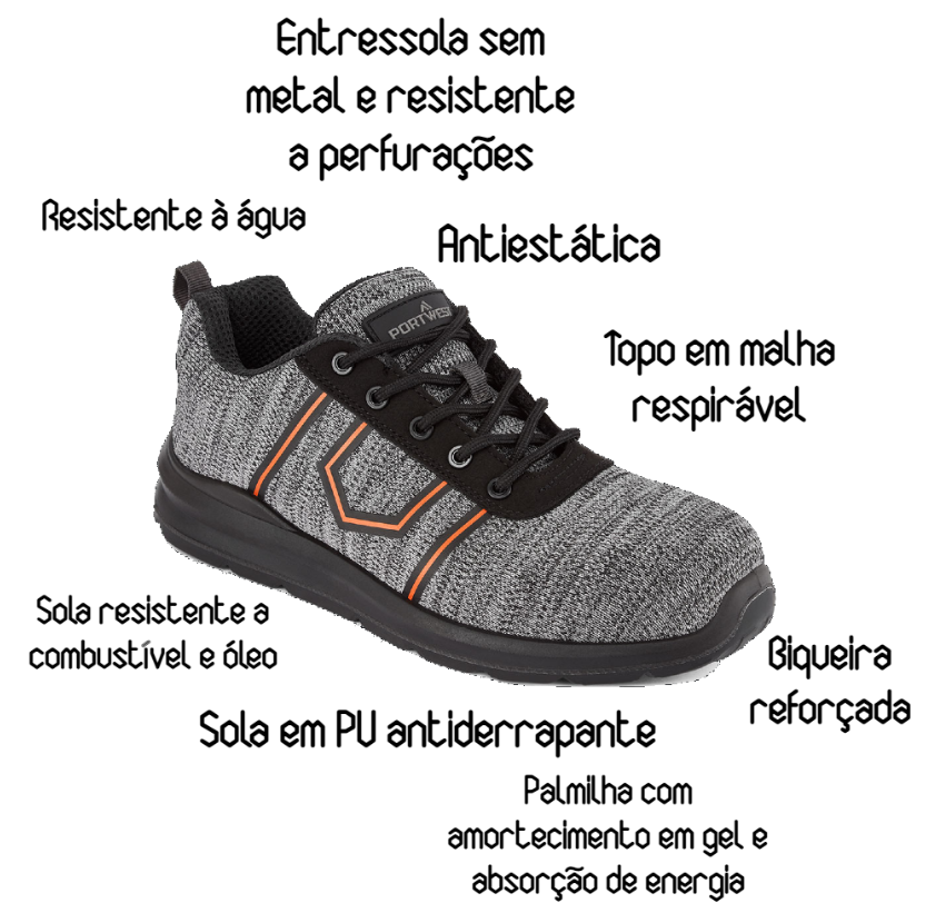 Imagem com o sapato de seguran&ccedil;a FC25 no centro e as suas principais caracter&iacute;sticas apresentadas &agrave; volta.