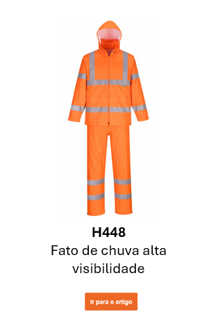 Imagem da capa de chuva H448, fácil de arrumar, de alta visibilidade, em cor de laranja, com faixas refletoras e uma ligação para a página do produto.