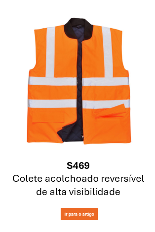 Imagem do colete impermeável e reversível de alta visibilidade S469, em cor de laranja, com faixas refletoras e uma ligação para a página do produto.