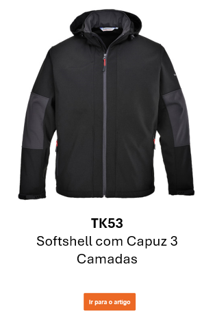 Imagem do Casaco Softshell Impermeável com Capuz TK53 em preto com detalhes em cinzento e um link para a página do produto.
