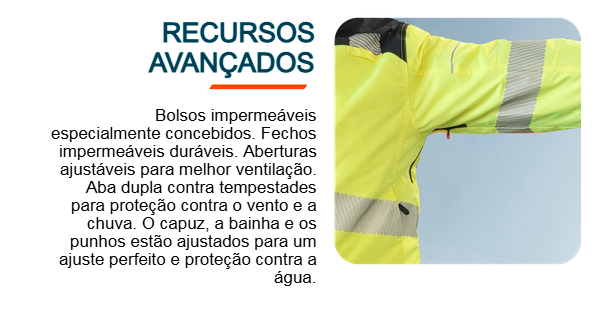 Imagem de uma pessoa que veste uma capa de chuva amarela com riscas refletoras, esticando o braço para o lado, à altura dos ombros, sobre um fundo azul claro.