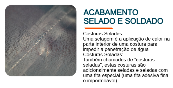Esquema que mostra a costura selada e soldada de uma peça preta.