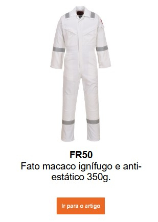 Imagem do fato Bizflame 350g FR50, antiestático e retardador de chamas, em branco. É fornecido um link para a página do produto.
