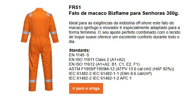 Imagem do Macacão de Mulher Bizflame Plus 350g FR51 em cor de laranja. É fornecido um link para a página do produto.