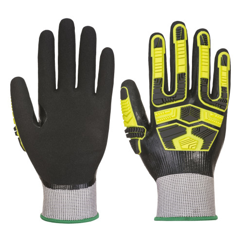 Imagem da luva impermeável HR Cut Impact Protection AP55 em preto com detalhes em amarelo, cinzento e verde. É fornecido um link para a página do artigo.