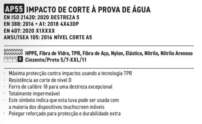 Descrição da luva impermeável de proteção contra impactos HR Cut AP55. Ver na página do artigo. O link é fornecido.