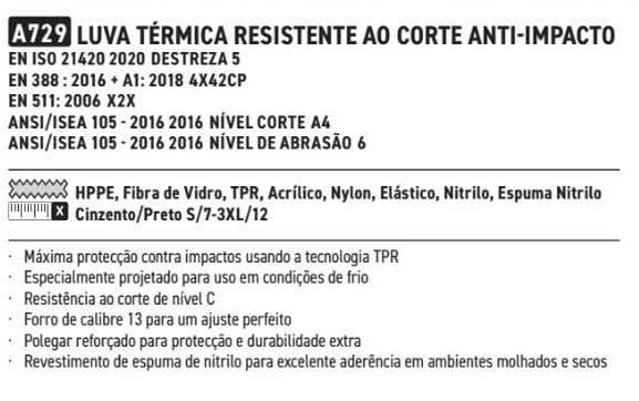 Descrição das Luvas de Proteção Anti-Corte e Impacto de Inverno A729. Ver na página do artigo. O link é fornecido.
