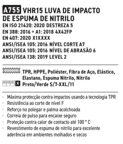 Descrição das luvas de impacto em espuma de nitrilo VHR15 A755. Ver na página do artigo. O link é fornecido.