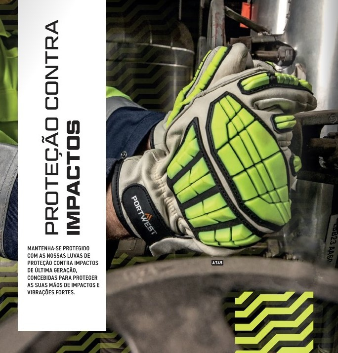 Um trabalhador usa luvas anti-impacto Portwest coloridas em amarelo e preto. As luvas são utilizadas quando se trabalha com máquinas pesadas e proporcionam proteção contra choques e vibrações. No lado esquerdo está o texto “Proteção contra impactos” em alemão. É fornecido um link para as nossas luvas anti-impacto.