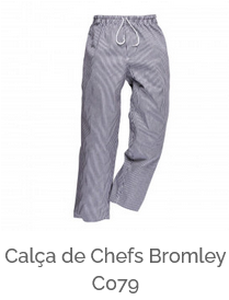 Exemplo de imagem da calça do chef Bromley C079 em xadrez azul com link para o artigo.
