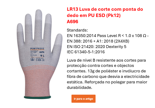 Imagem da luva de PU ESD LR13 (embalagem de 12) A696 em cinzento e branco com detalhes em vermelho. É também fornecida uma breve visão geral das normas e texto informativo. O link fornecido leva à página do produto e a informações mais detalhadas.