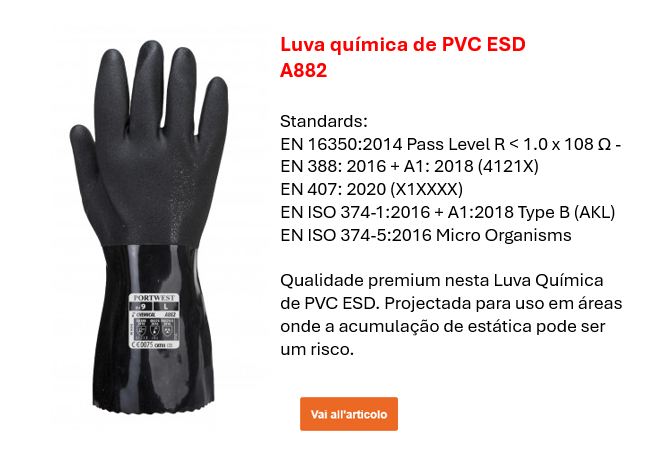 Imagem da luva de proteção química em PVC ESD A882 em preto com uma breve visão geral das normas e texto informativo. O link fornecido leva à página do produto e a informações mais detalhadas.