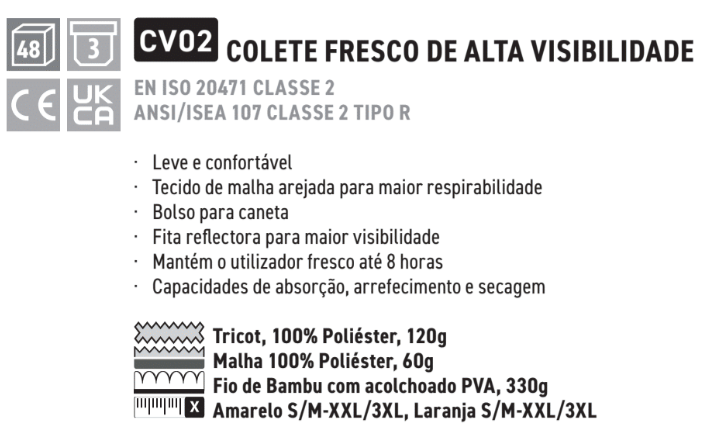 Descrição das propriedades do colete de resfriamento de alta visibilidade CV02 com link para o artigo. Se você seguir o link, encontrará as descrições em detalhes.