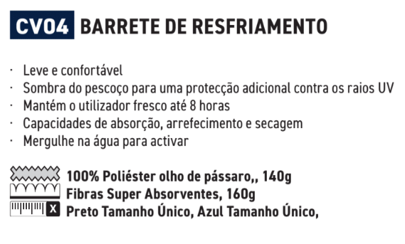 Descrição das propriedades da bandana de resfriamento CV04 com link para o artigo. Se você seguir o link, encontrará as descrições em detalhes.