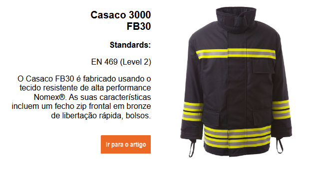 Imagem do sobretudo de bombeiro FB30 em azul-escuro com faixas refletoras e faixas amarelas de aviso. Um breve texto explicativo está localizado junto à imagem. Isto pode ser visualizado na página do produto. O link fornecido leva à página do produto.