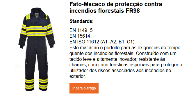 Retardante de Chamas Imagem do Macacão Bizflame Forest Fire FR98 Retardante de Chamas em azul escuro com faixas refletoras e faixas amarelas de aviso. Um breve texto explicativo está localizado junto à imagem. Isto pode ser visualizado na página do produto. O link fornecido leva à página do produto.