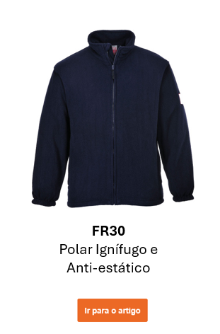 Imagem do casaco de fleece Modaflame FR30 com proteção contra chamas e antistático, em azul-marinho. Link para o artigo.